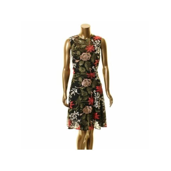 BETSY & ADAM Womens Black Floral Off Shoulder Above The Knee Evening Fit + Flare Dress